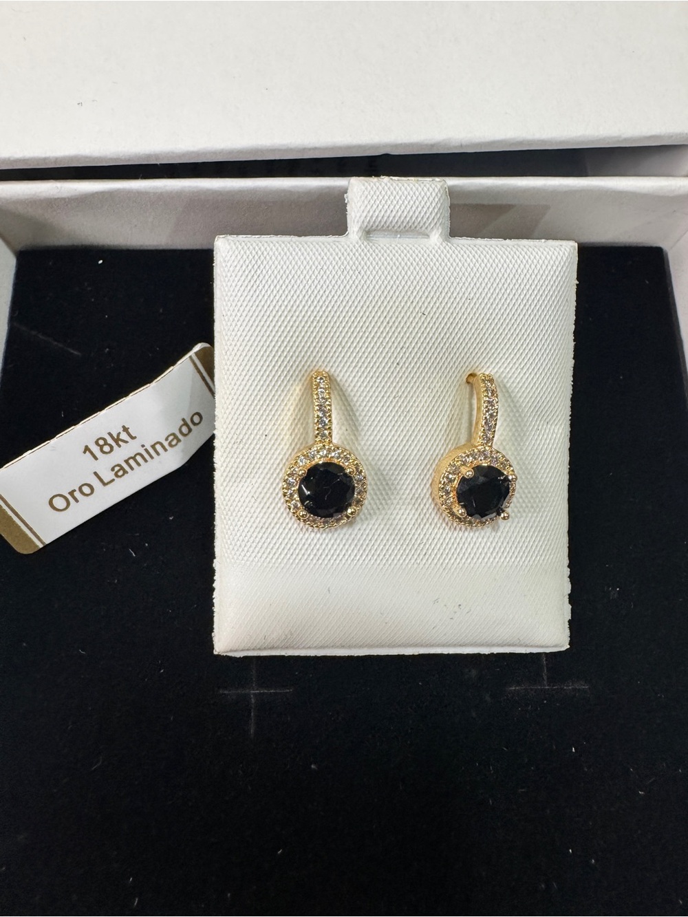 18kt Oro Laminado Black obsidian Stone Halo Drop Earrings